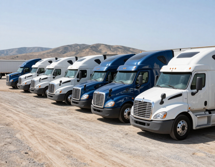 Row of white and blue semi-trucks parked on a dusty lot with hills in the background