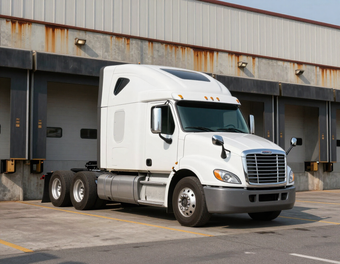 White semi-truck parked at a warehouse loading dock under a rusted metal overhang.