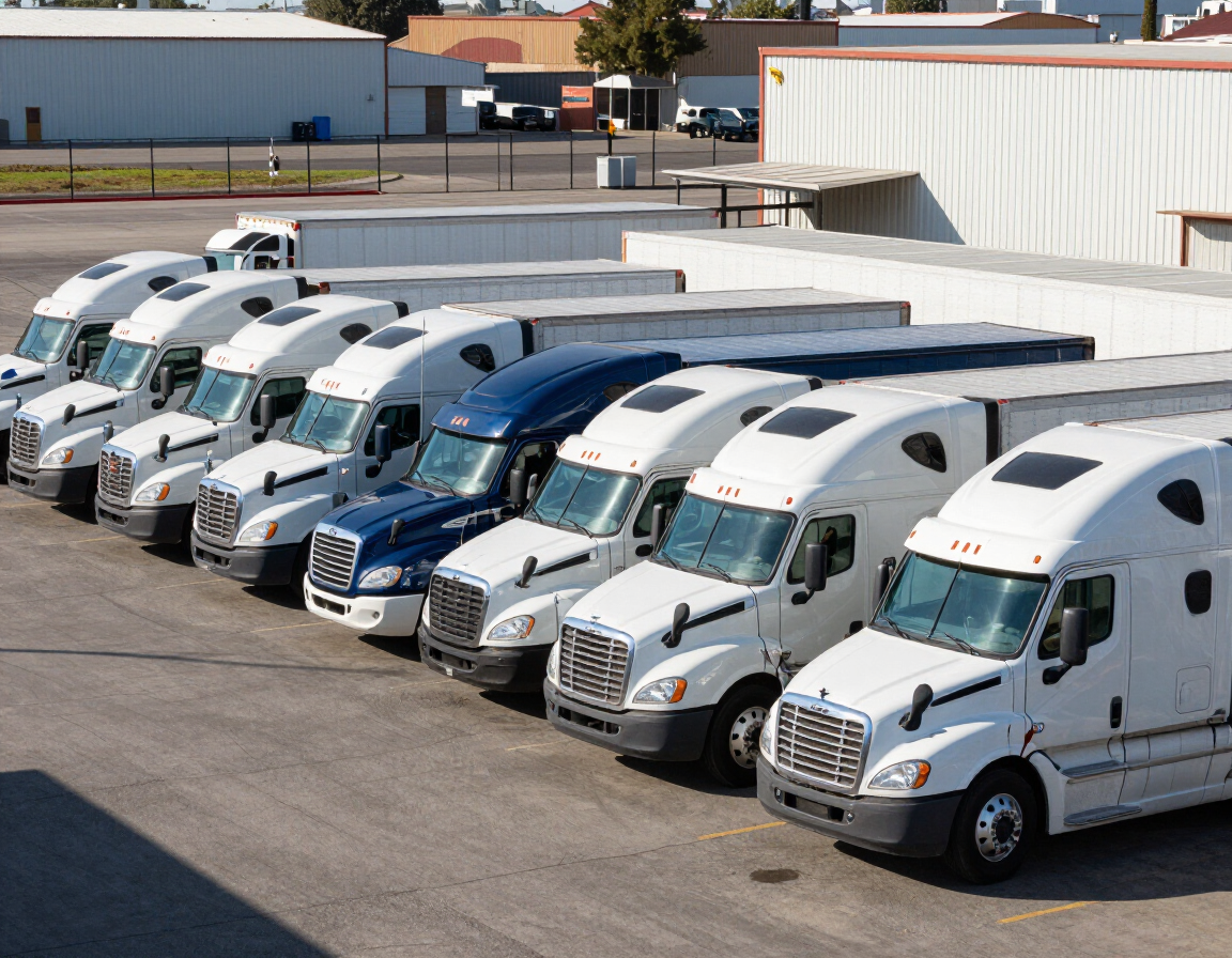 Row of white and blue semi trucks parked in an industrial lot