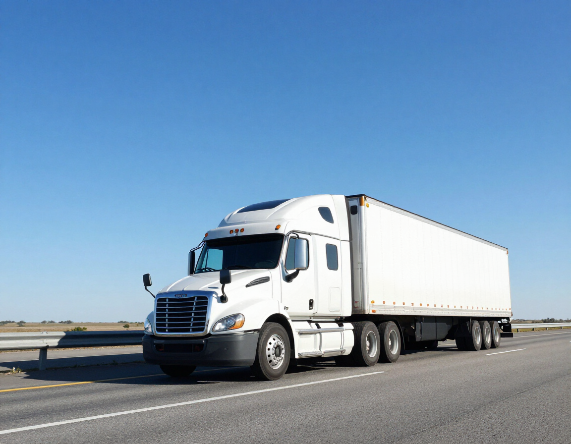 White semi-truck hauling a long trailer on an open highway under a clear blue sky