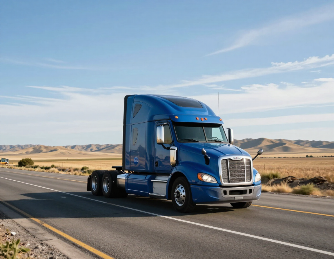 Blue semi-truck driving on a desert highway under a clear sky