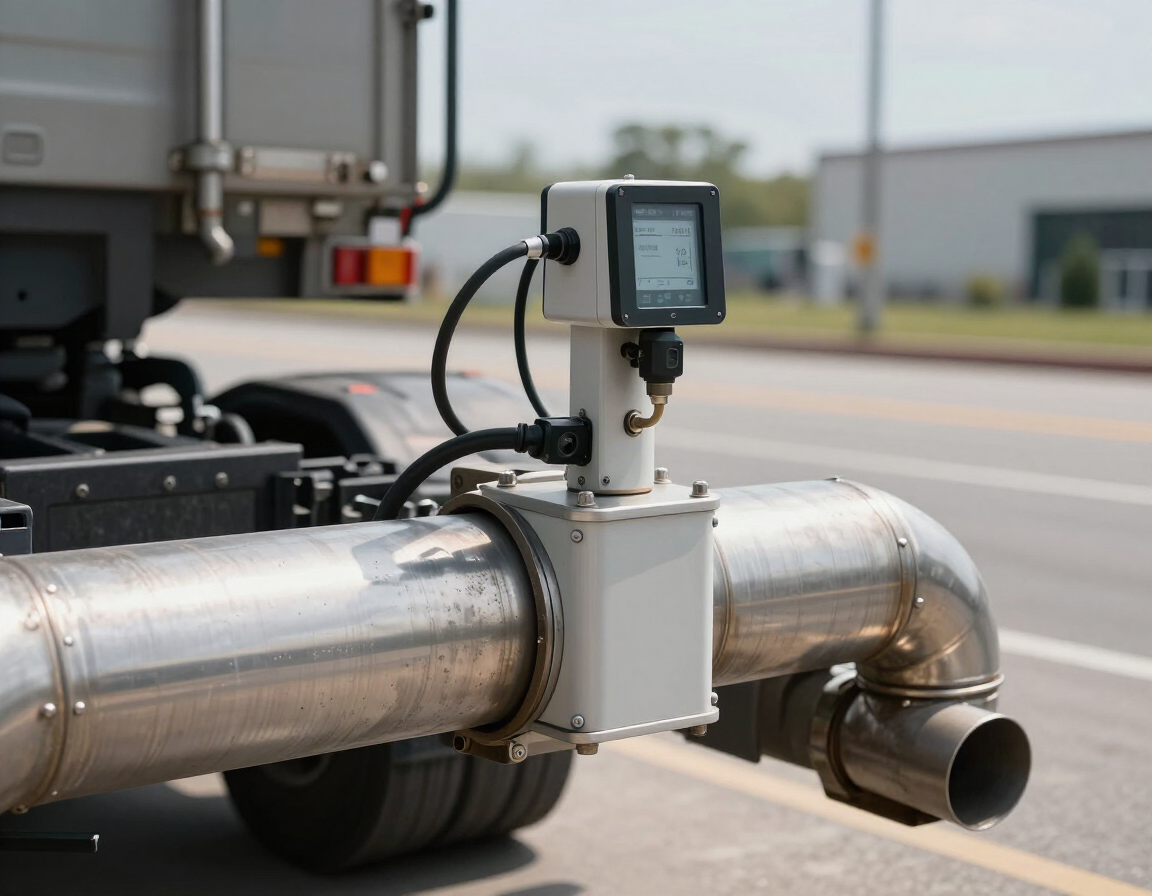 Close-up of industrial metal piping with a mounted sensor on a truck or trailer roadside.