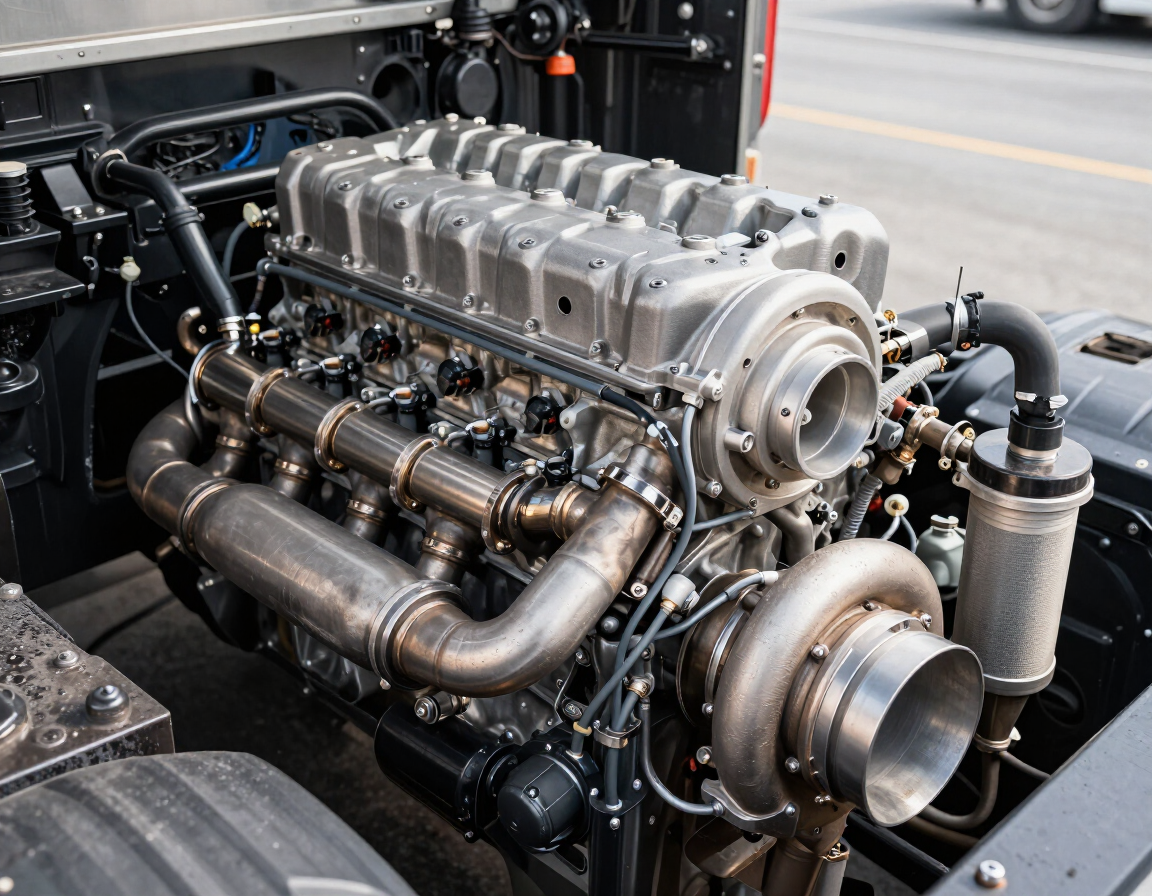 Modified truck engine with exposed turbocharger and polished exhaust pipes