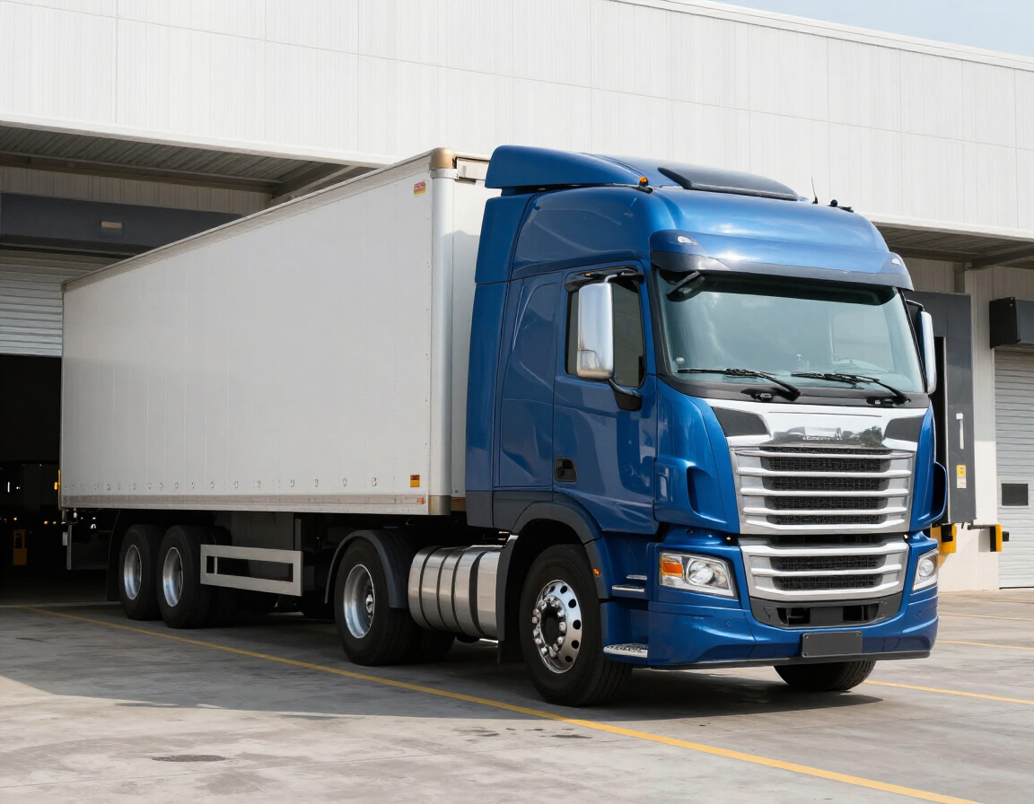 Blue semi-truck with white trailer parked at a loading dock