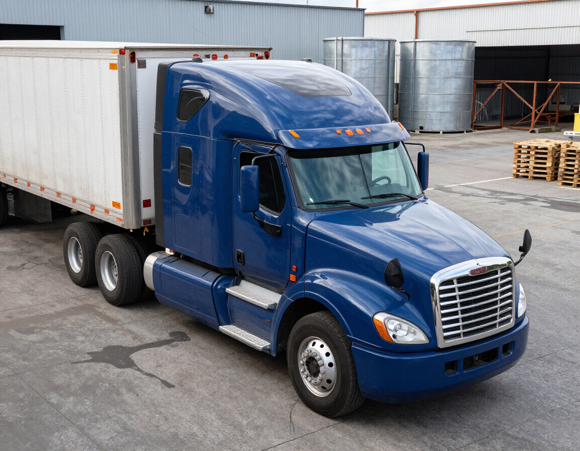 Blue semi-truck with a white trailer parked in an industrial yard.