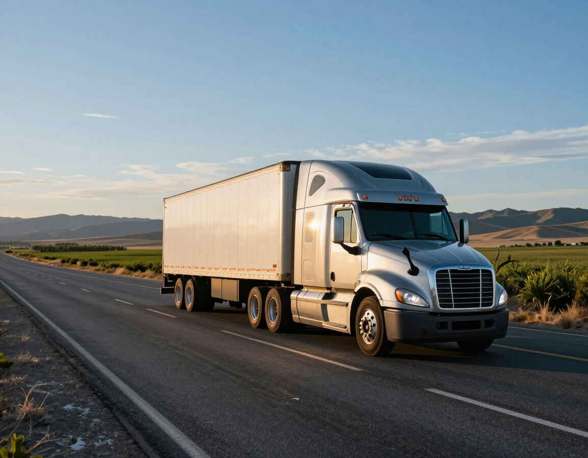 White semi-truck driving on a rural highway at sunset