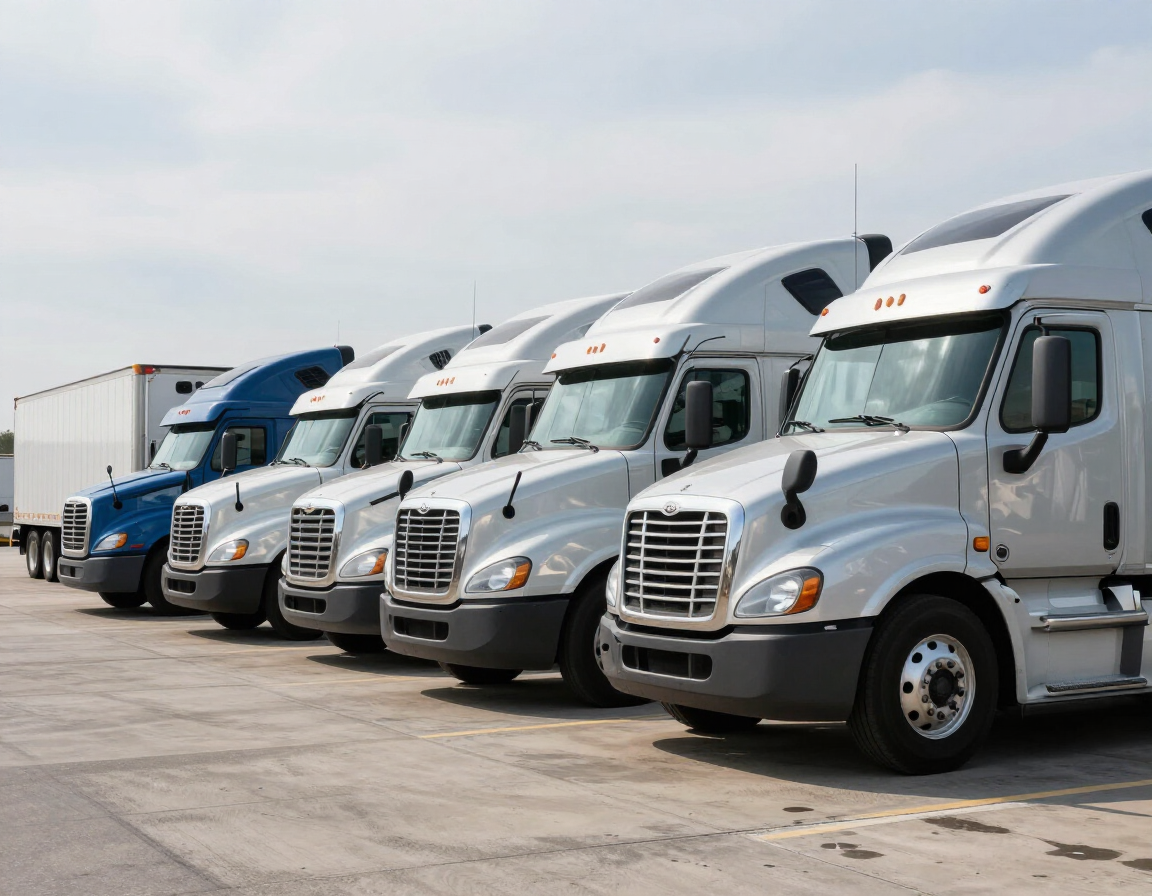 Row of parked semi trucks in a lot, including white and blue tractors lined up side by side.
