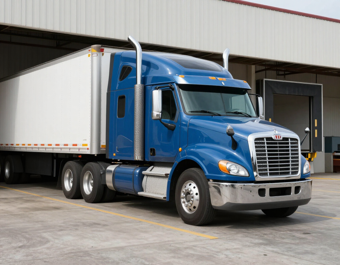 Blue semi-truck with white trailer parked at a warehouse loading dock