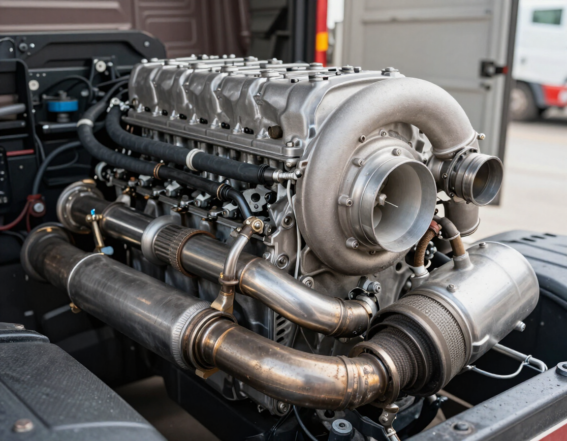 Turbocharged engine with polished metal piping mounted in a vehicle bay