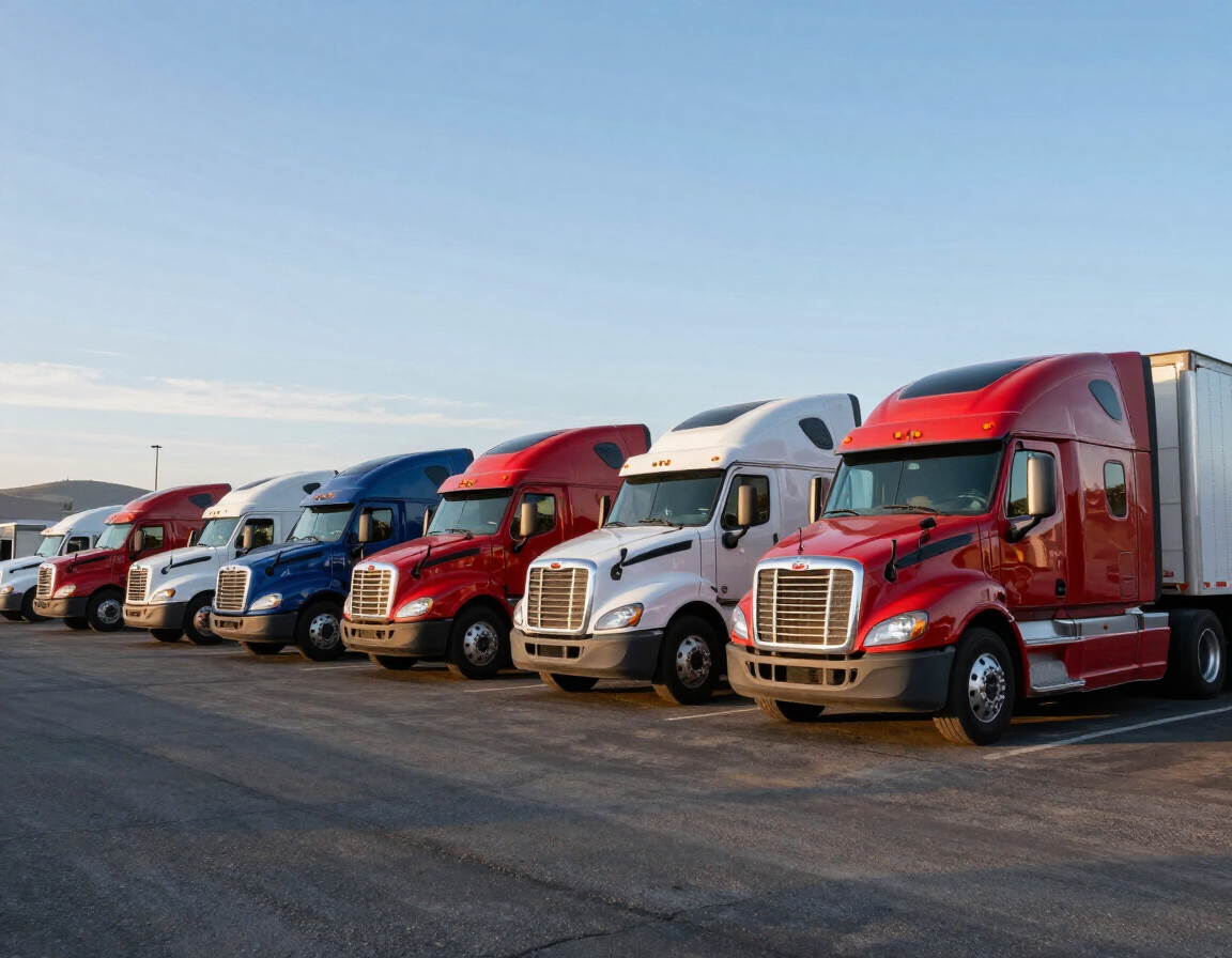 Row of parked semi-trucks in red, white, and blue at a truck stop