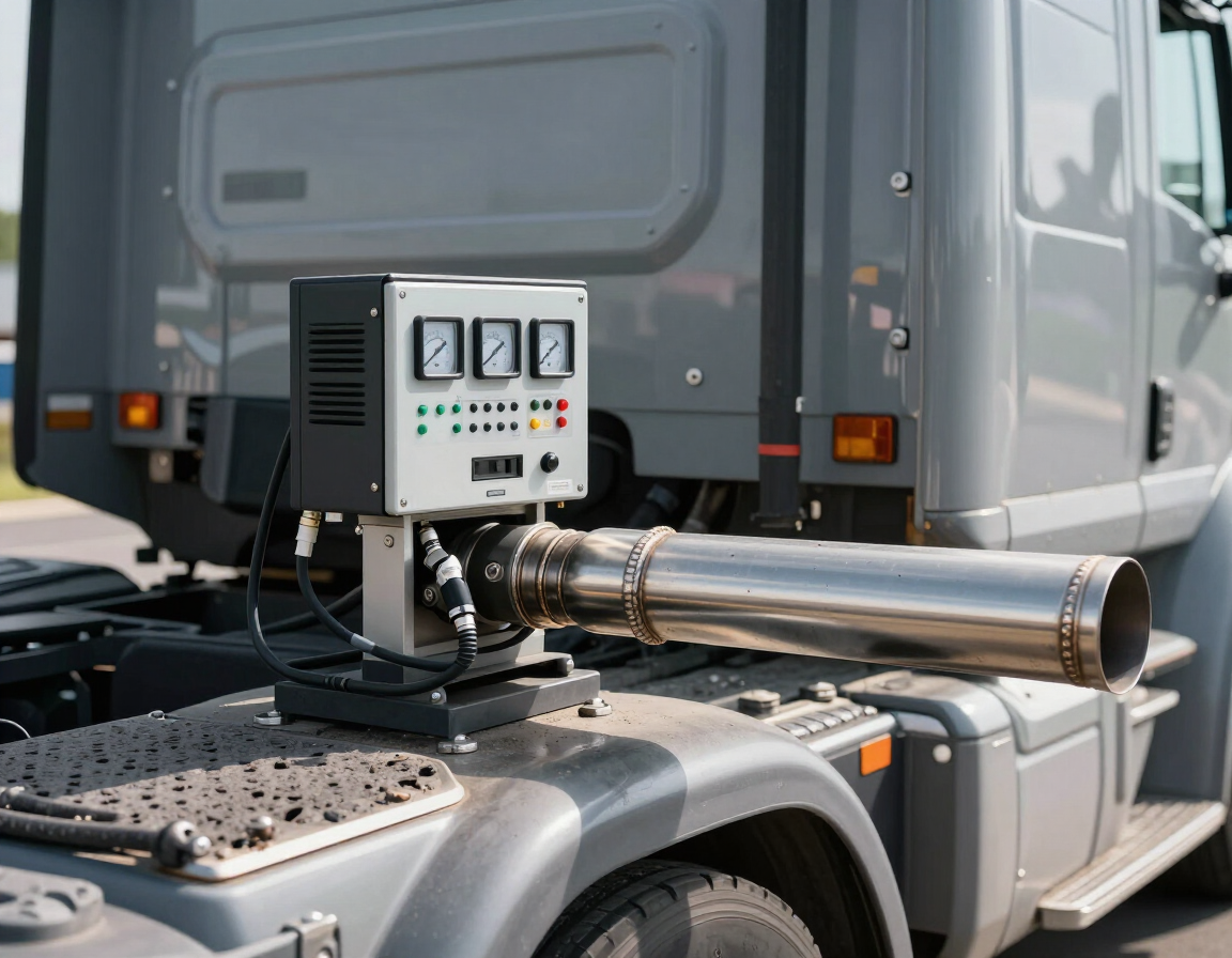 Gray truck chassis with a mounted control panel and polished cylindrical exhaust or fuel tank equipment