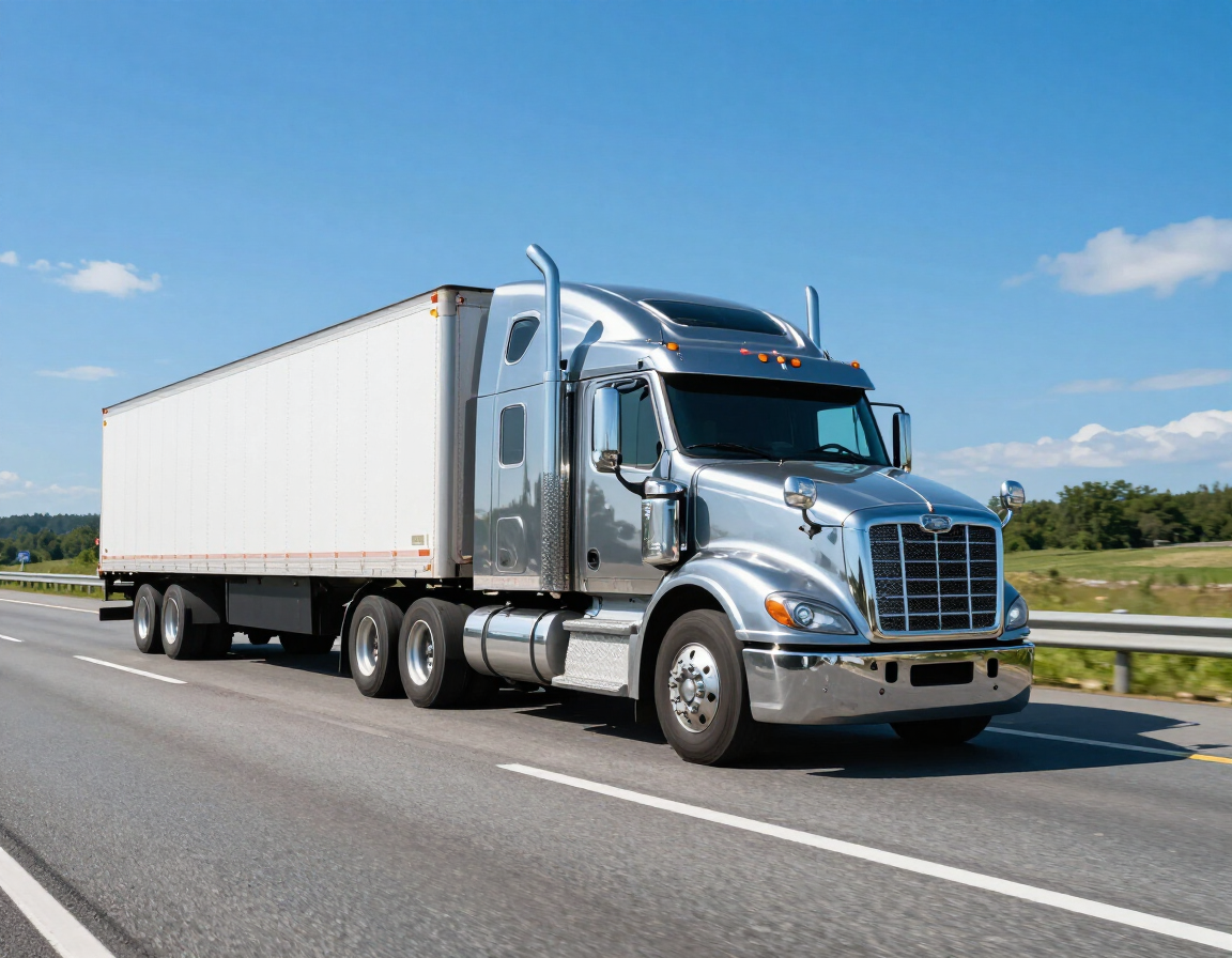Silver semi-truck hauling a white trailer on a highway under a blue sky