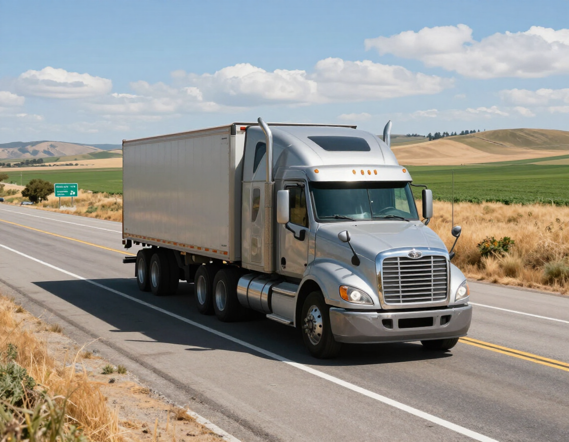 Silver semi-truck driving on a rural highway under a blue sky