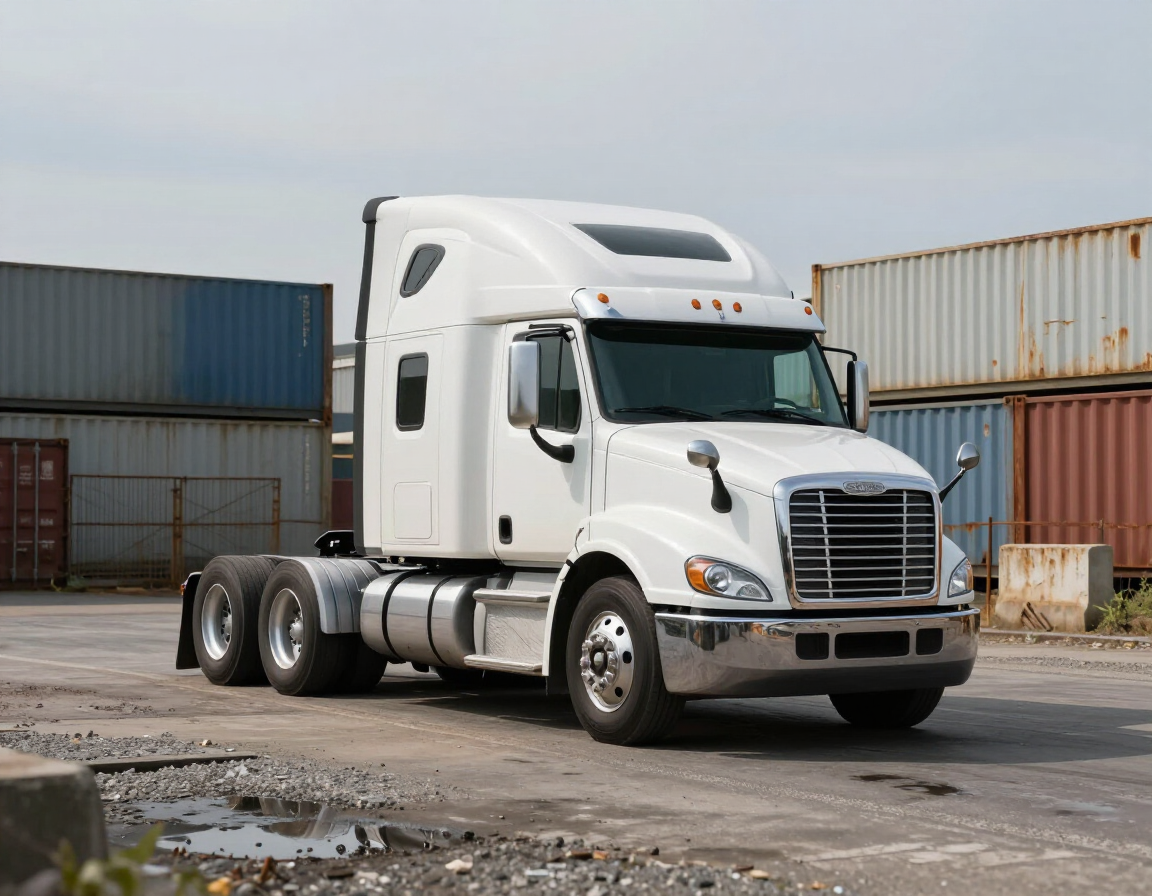 White semi-truck parked in an industrial lot beside stacked shipping containers