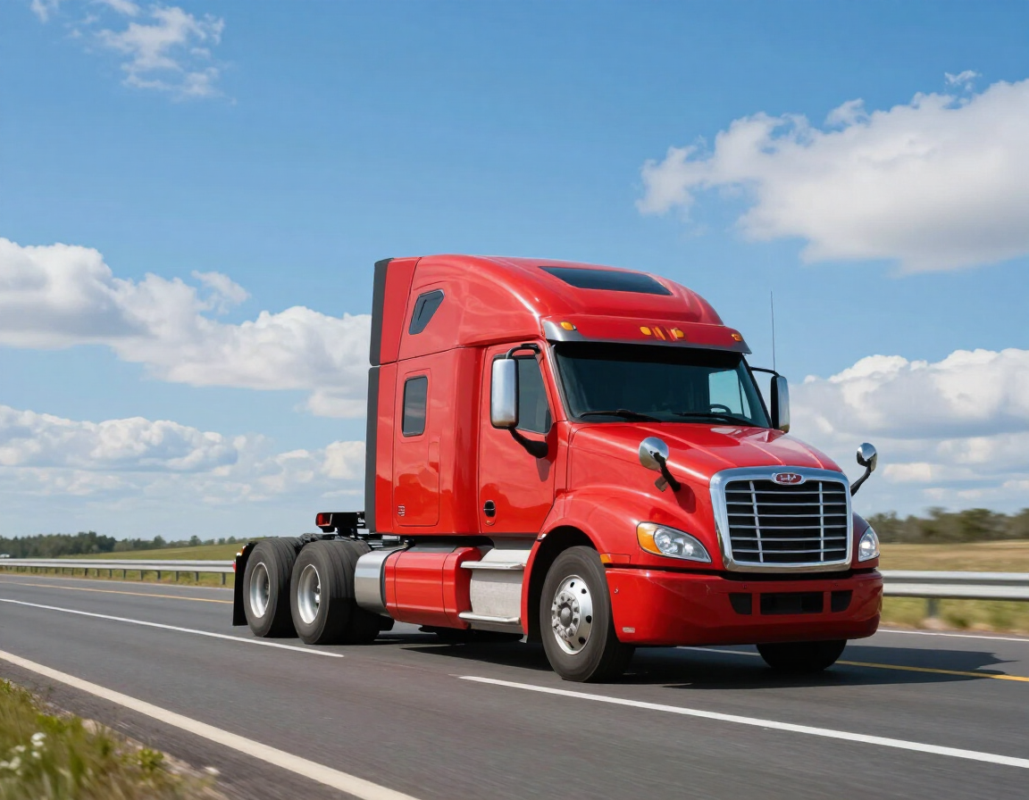 Red semi-truck driving on a highway under a blue sky with clouds