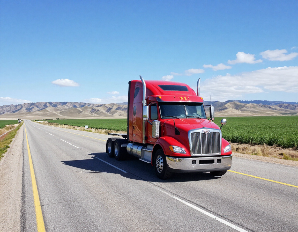Red semi-truck driving on a highway through a dry, open landscape under a blue sky.