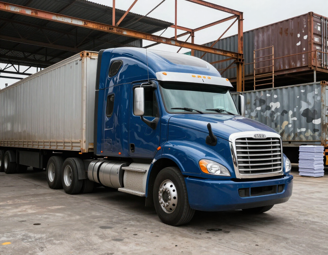 Blue semi-truck with a white trailer parked in an industrial loading area.