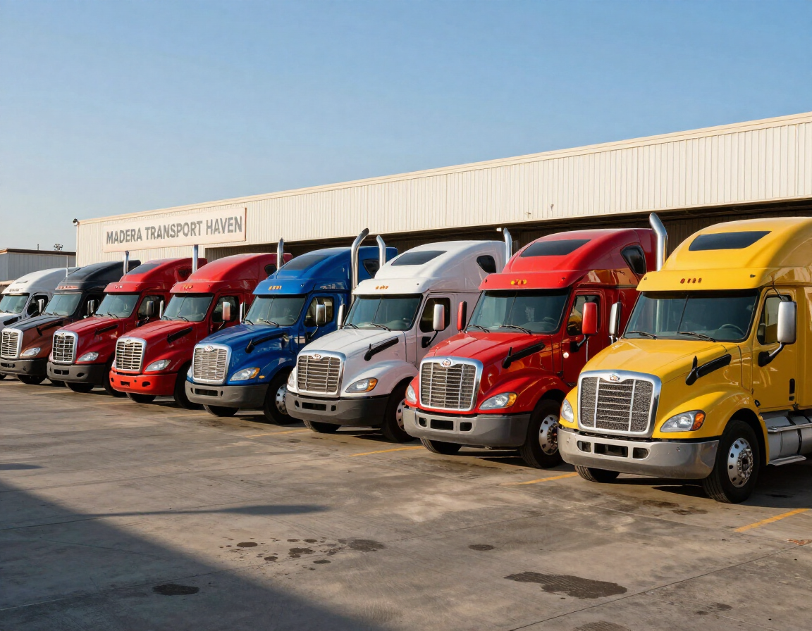 Row of colorful semi-trucks parked in front of a warehouse under a clear sky
