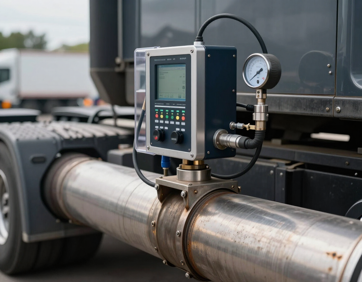 Industrial pipe-mounted monitoring device with gauge on a truck trailer chassis