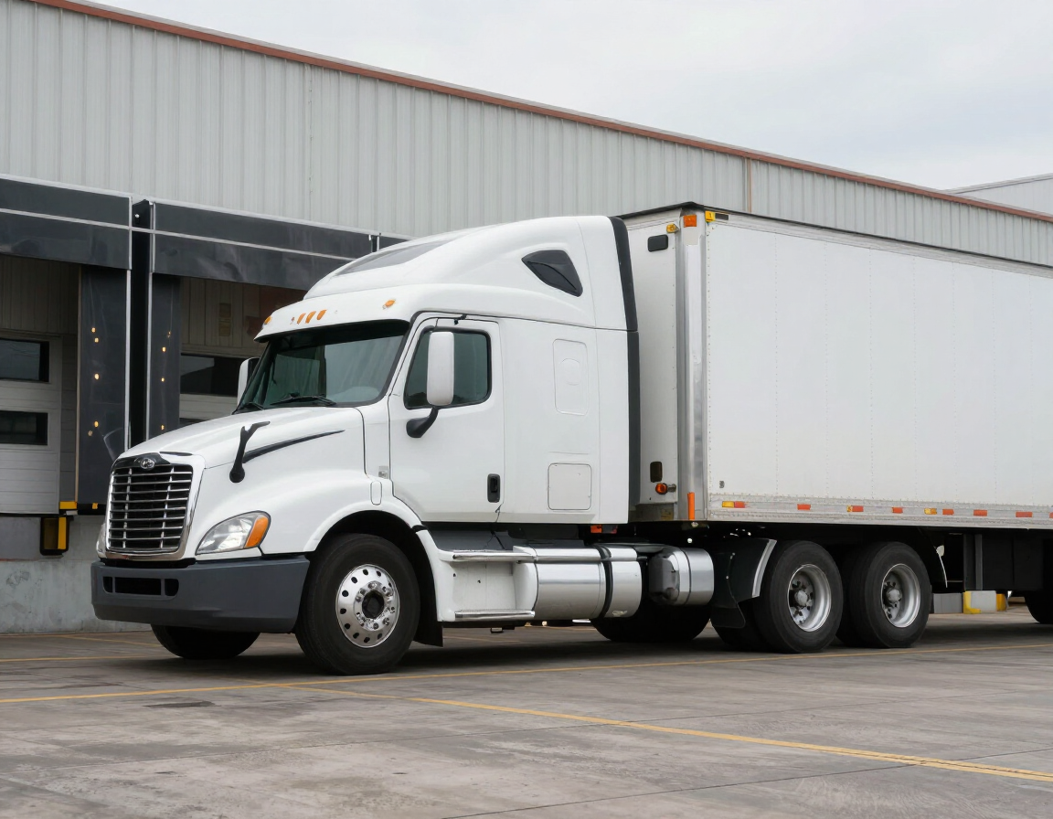 White semi-truck parked by a warehouse loading dock