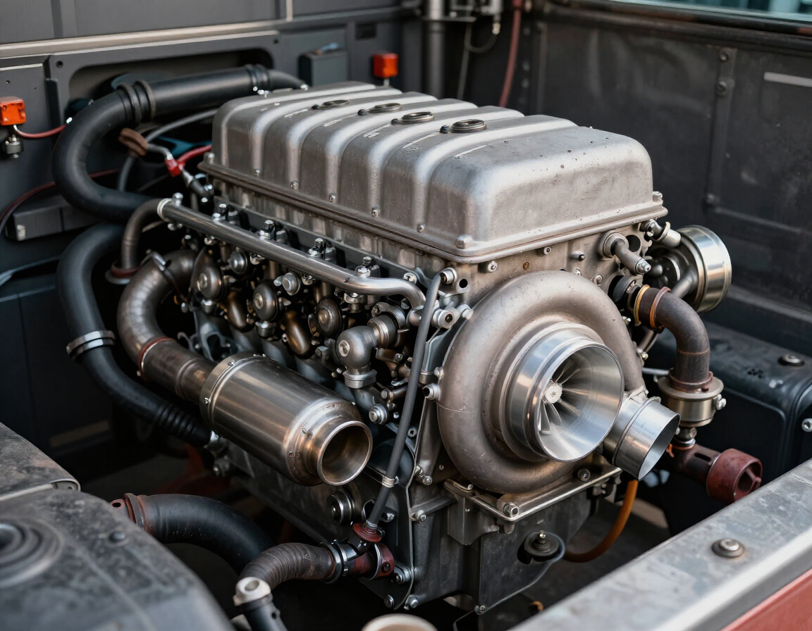 Silver turbocharged engine in a truck bed, with exposed hoses and metal components