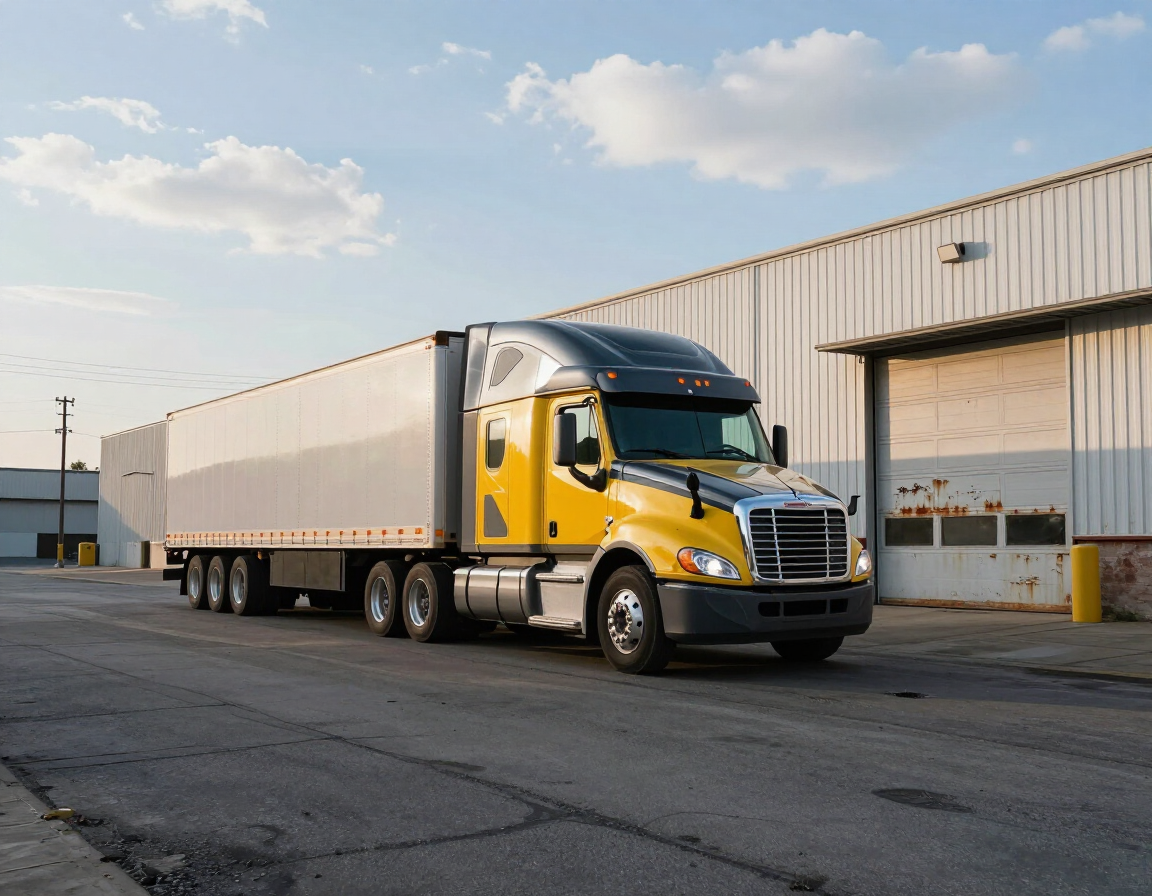 Yellow semi-truck parked outside a warehouse on an industrial lot