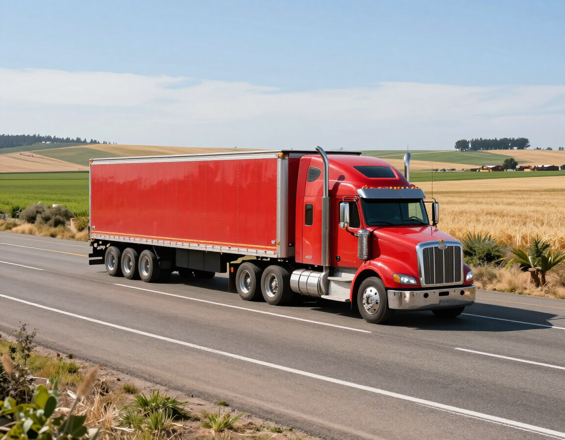 Red semi-truck hauling a red trailer on a rural highway under a clear sky