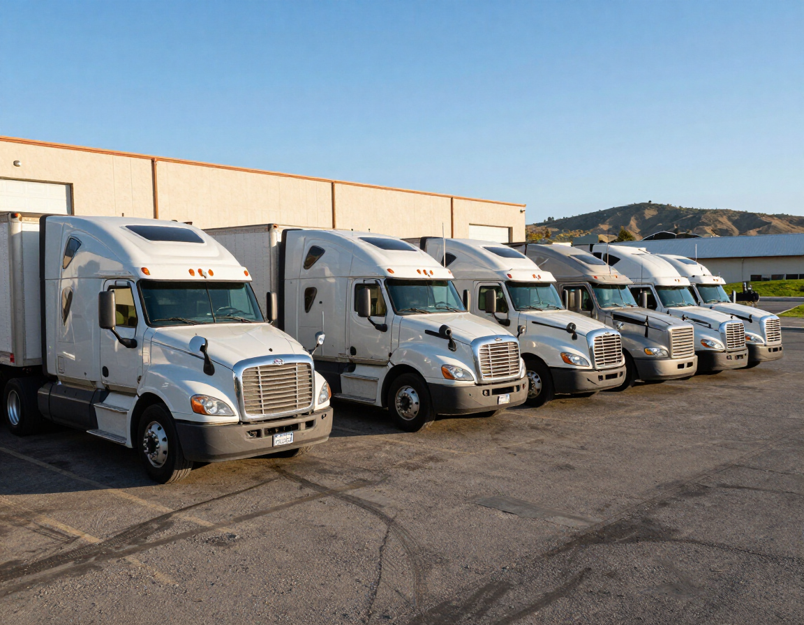 Row of white semi-trucks parked outside a warehouse in a lot at sunset