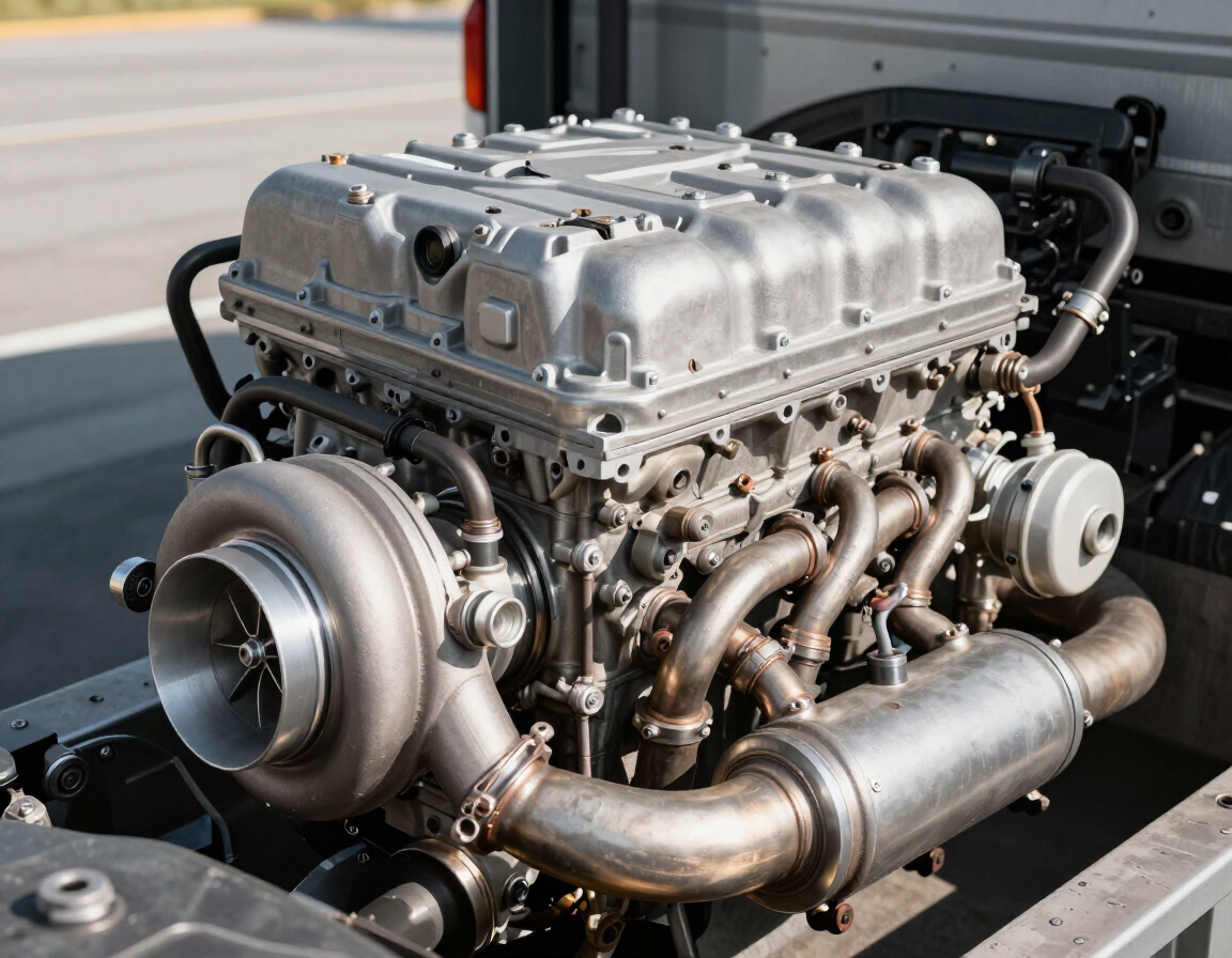 High-performance turbocharged engine mounted in a vehicle bay, with polished metal piping.