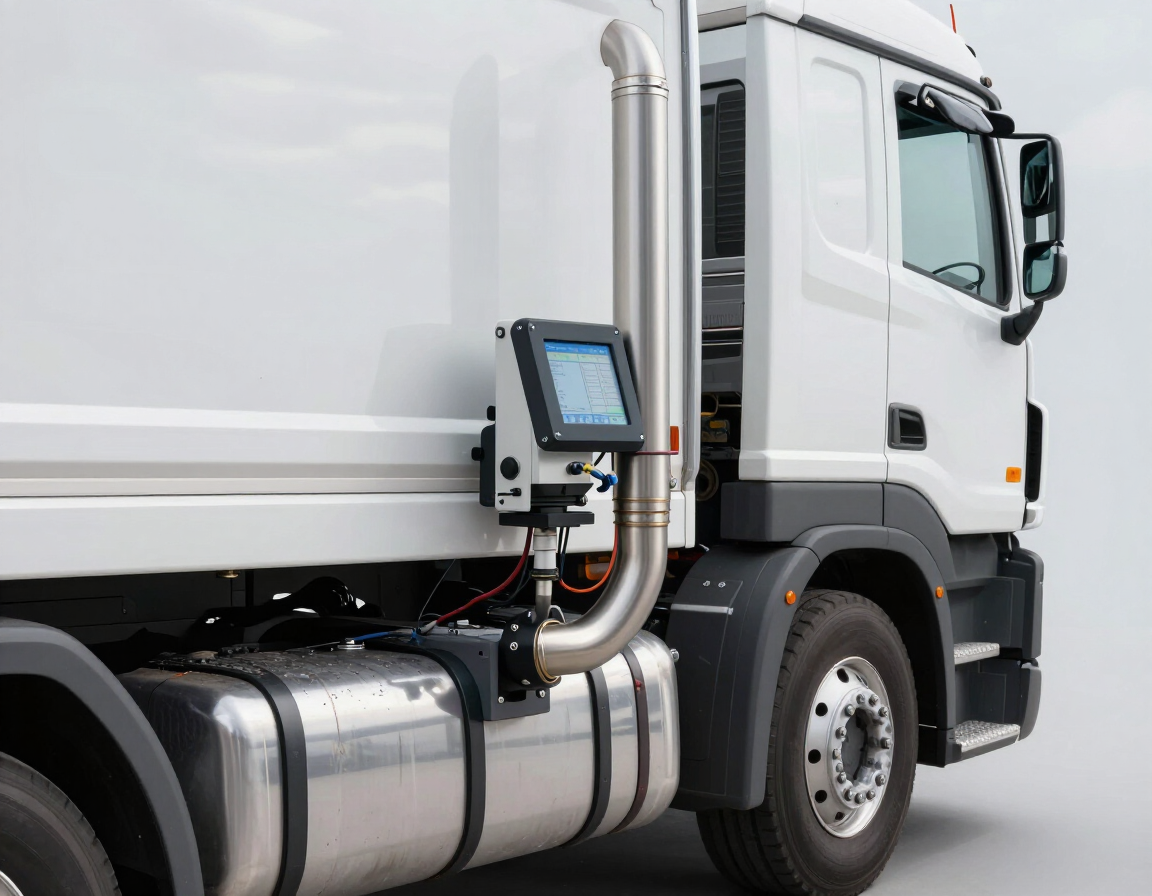 White fuel tanker truck with a mounted digital meter on a plain gray background