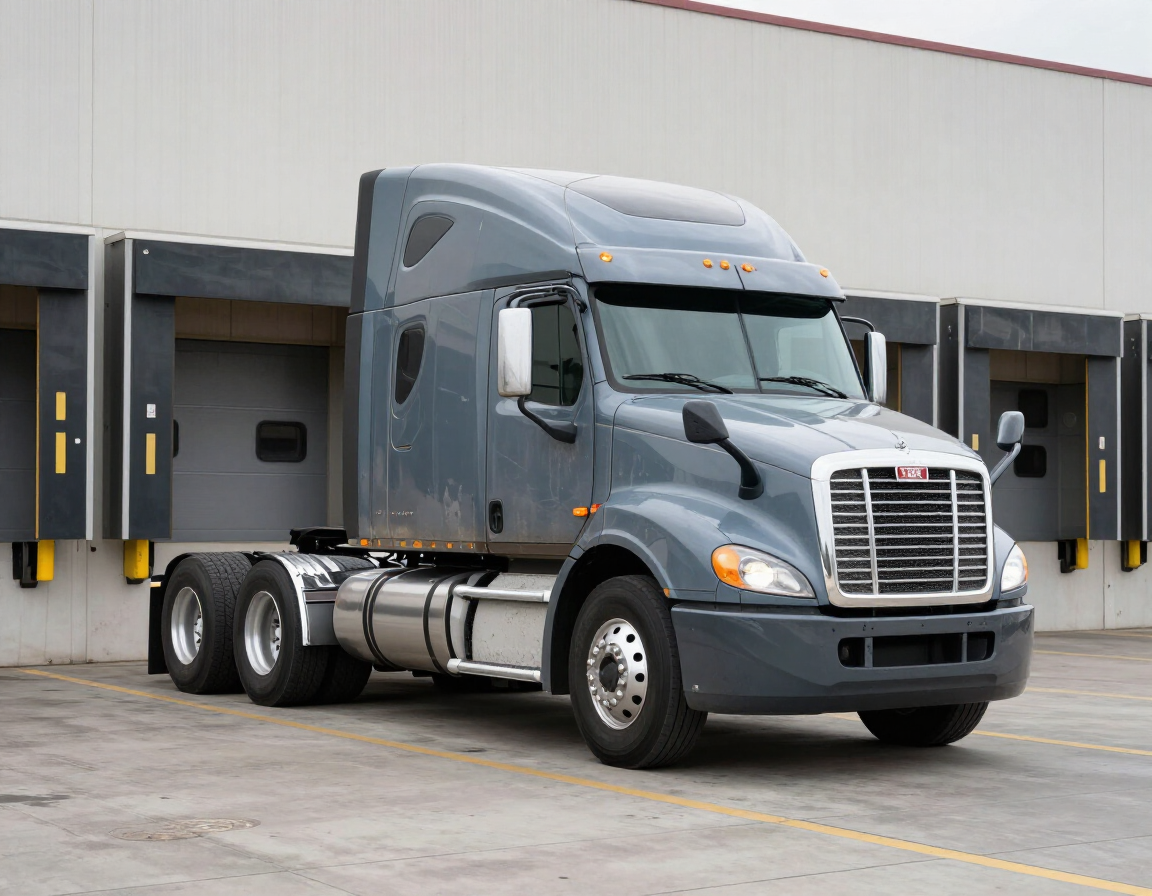 Gray semi-truck parked at a loading dock outside a warehouse