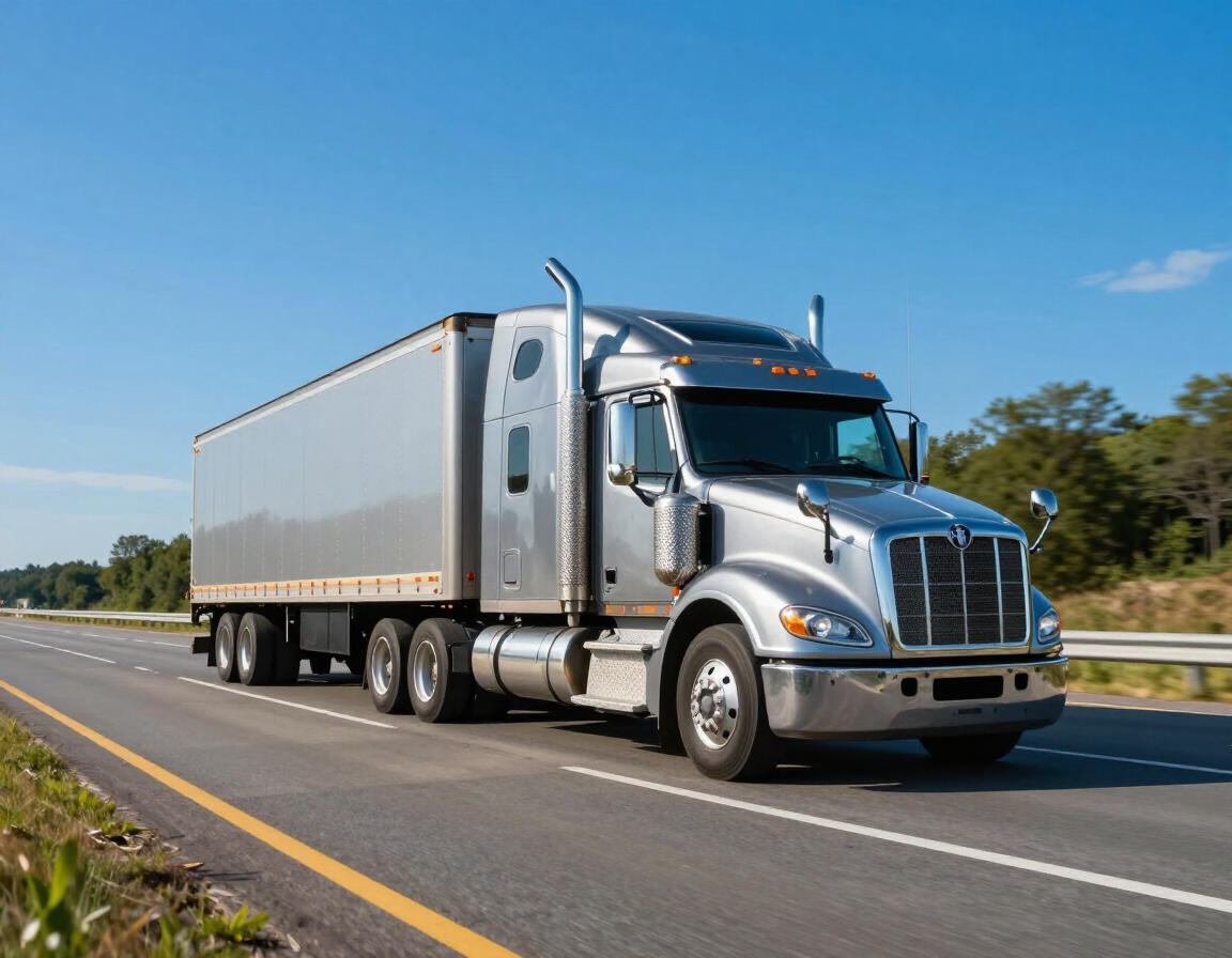 Silver semi-truck driving on a highway under a blue sky