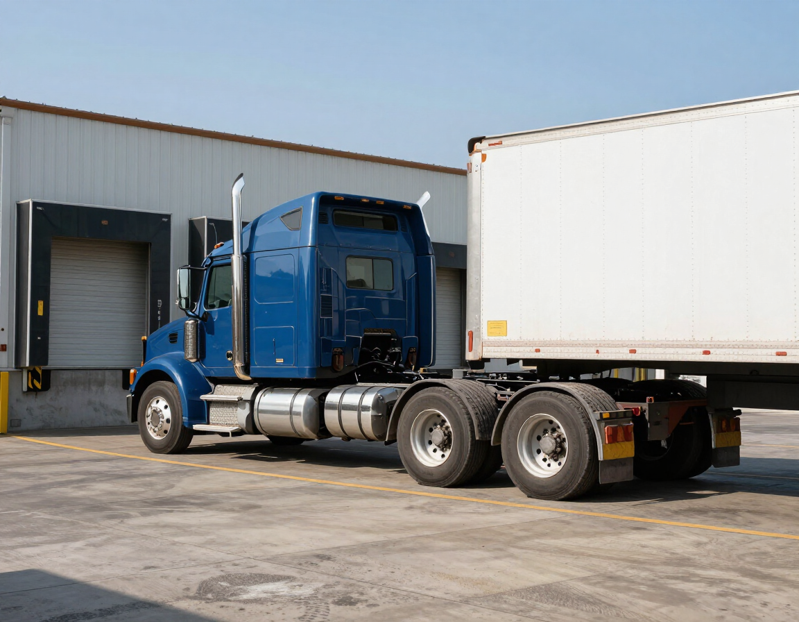 Blue semi-truck with a white trailer parked beside a warehouse loading dock