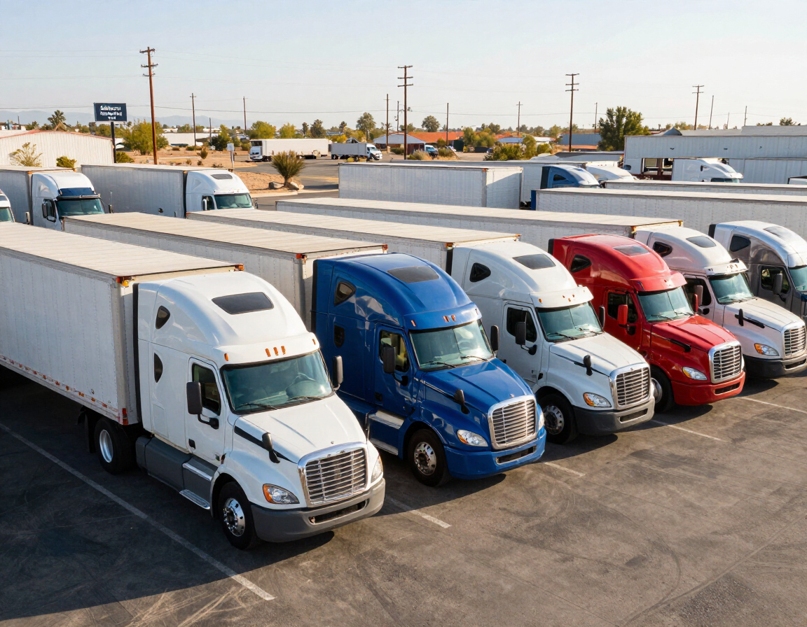 Row of parked semi trucks in white, blue, gray, and red in a truck yard at sunset