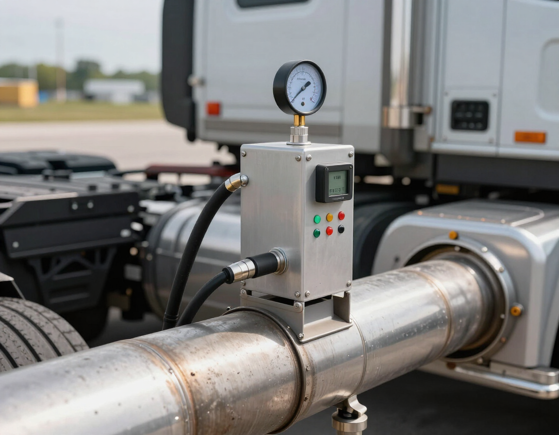 Pressure gauge and control box mounted on a metal pipe in front of a truck engine area