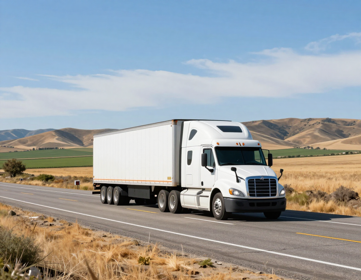 White semi-truck driving on a rural highway through dry hills under a clear sky