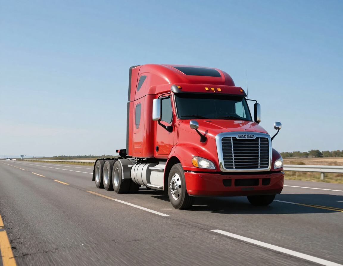 Red semi-truck driving on a highway under a clear blue sky