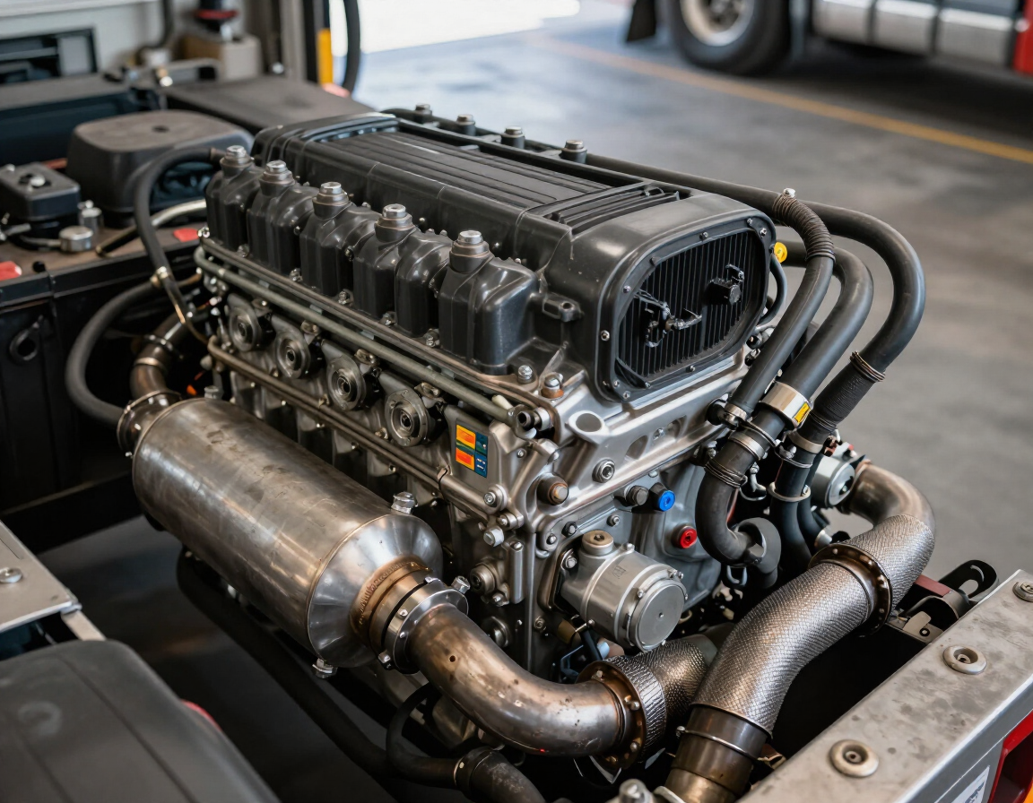 High-performance car engine with exposed turbo piping in a garage workshop