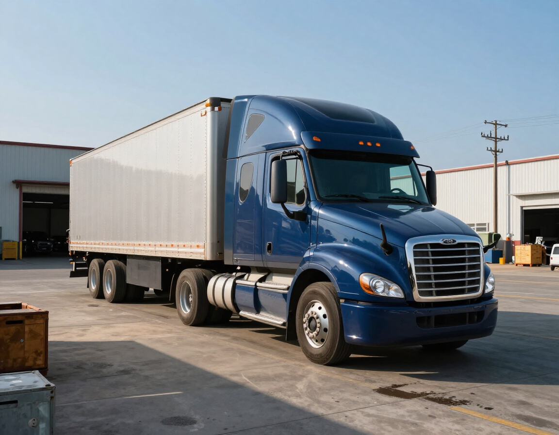 Blue semi-truck with white trailer parked outside a warehouse