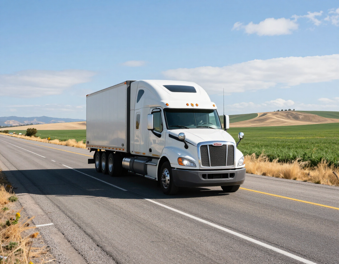 White semi-truck driving on a rural highway beside green fields and hills under a blue sky