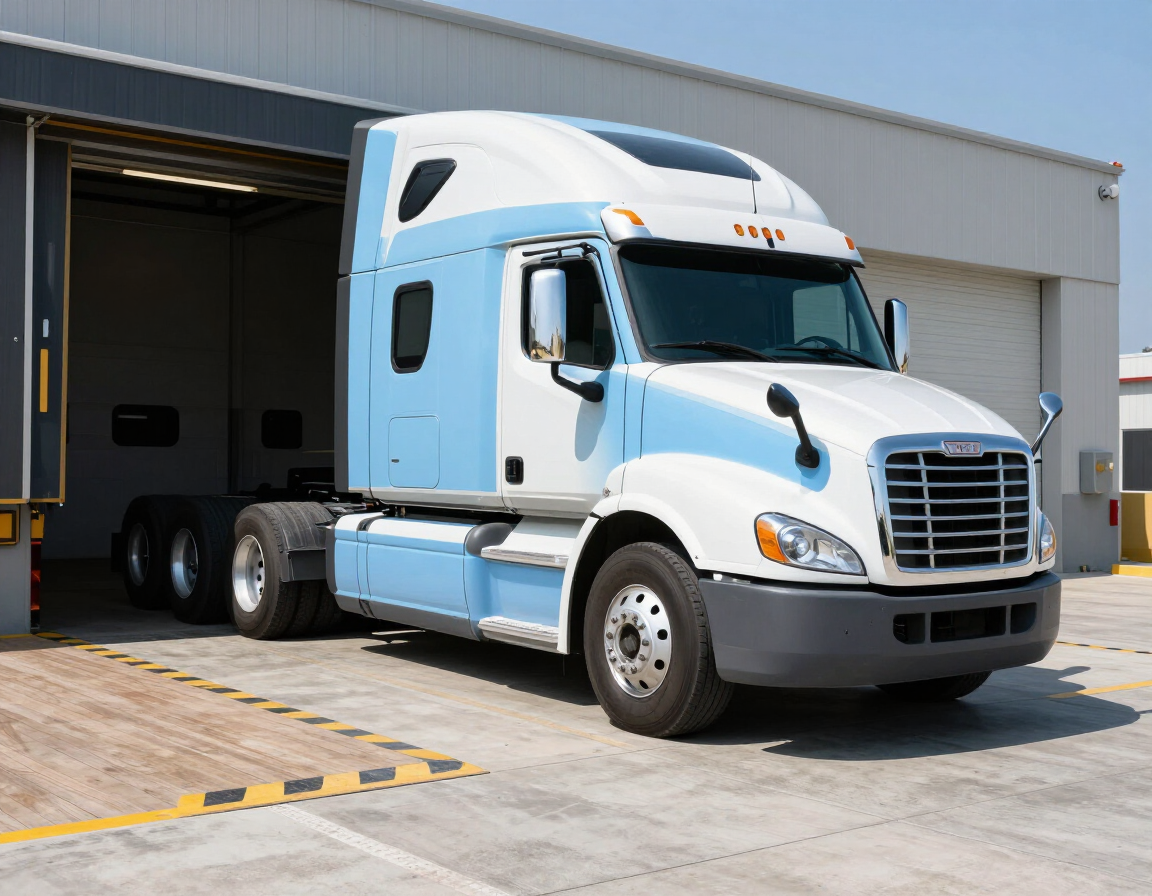 Light blue semi-truck parked at a warehouse loading dock
