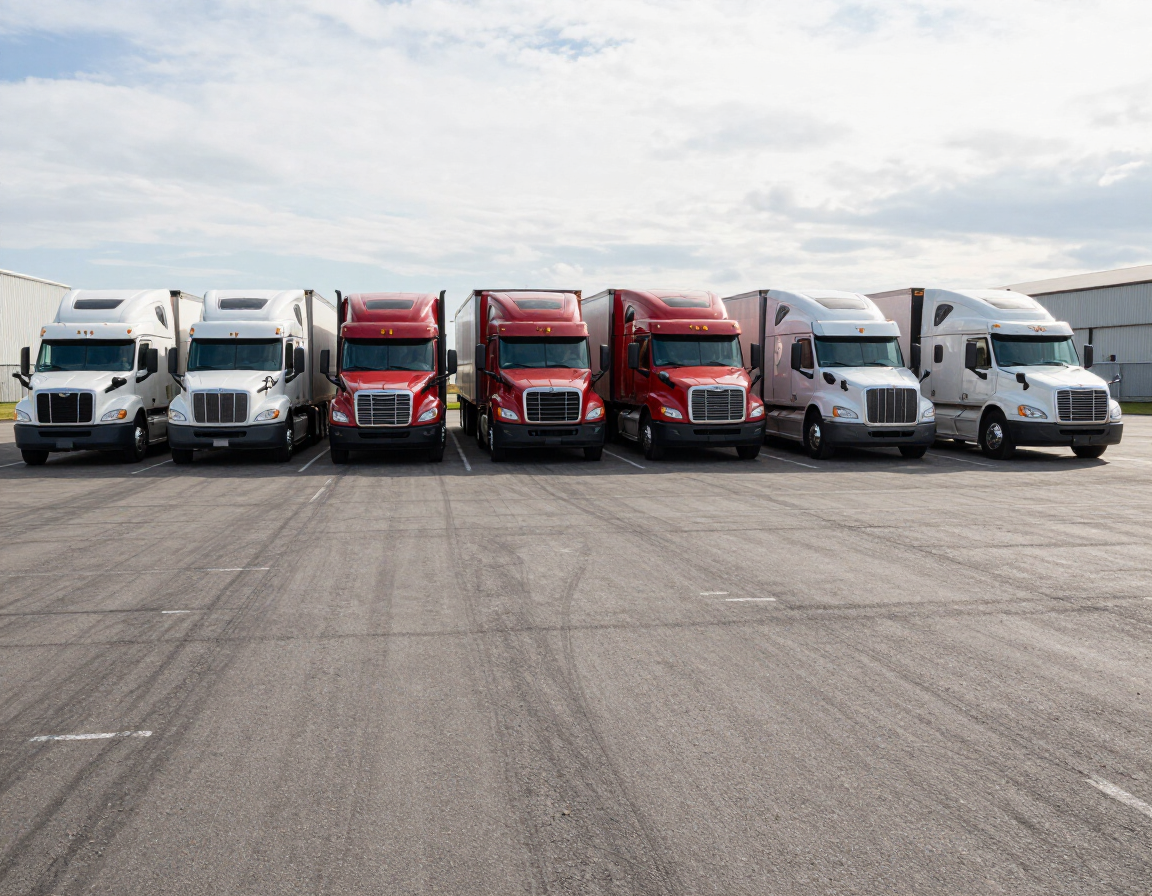 Row of parked semi trucks, mostly white and red, lined up on a wide asphalt lot under a cloudy sky
