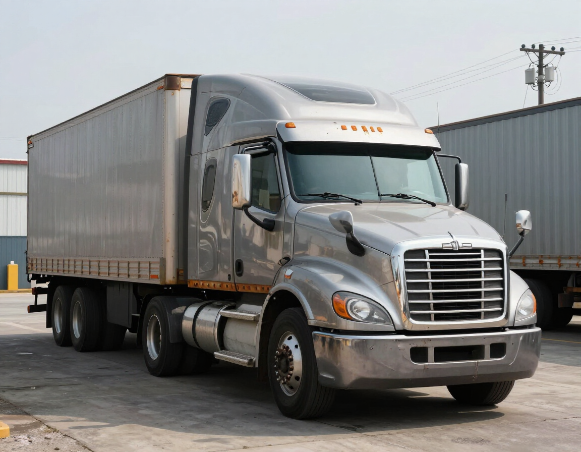 Silver semi-truck parked outside an industrial warehouse