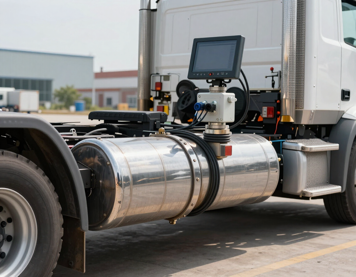 Close-up of a white truck chassis with a large stainless steel cylindrical tank and mounted display device.