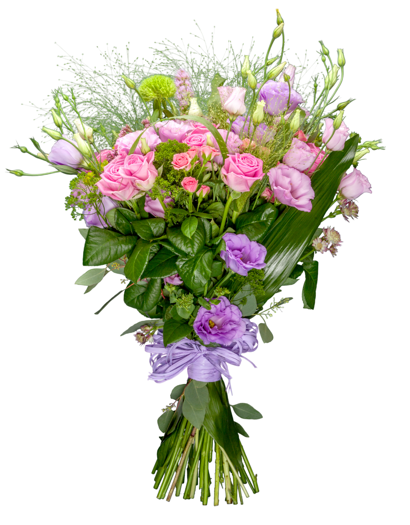 Bouquet of pink and purple flowers with green foliage, tied with stems visible at the bottom