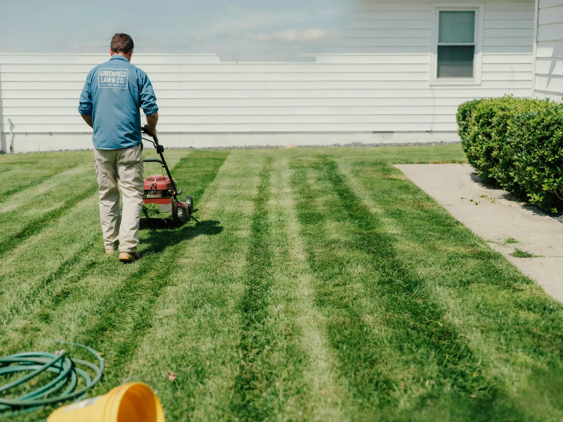 Person mowing a striped green lawn beside a house with a red lawn mower.