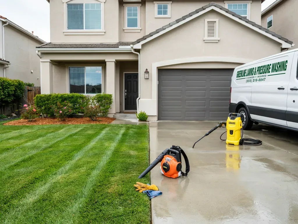 Suburban house exterior with wet driveway and lawn care equipment on the driveway.