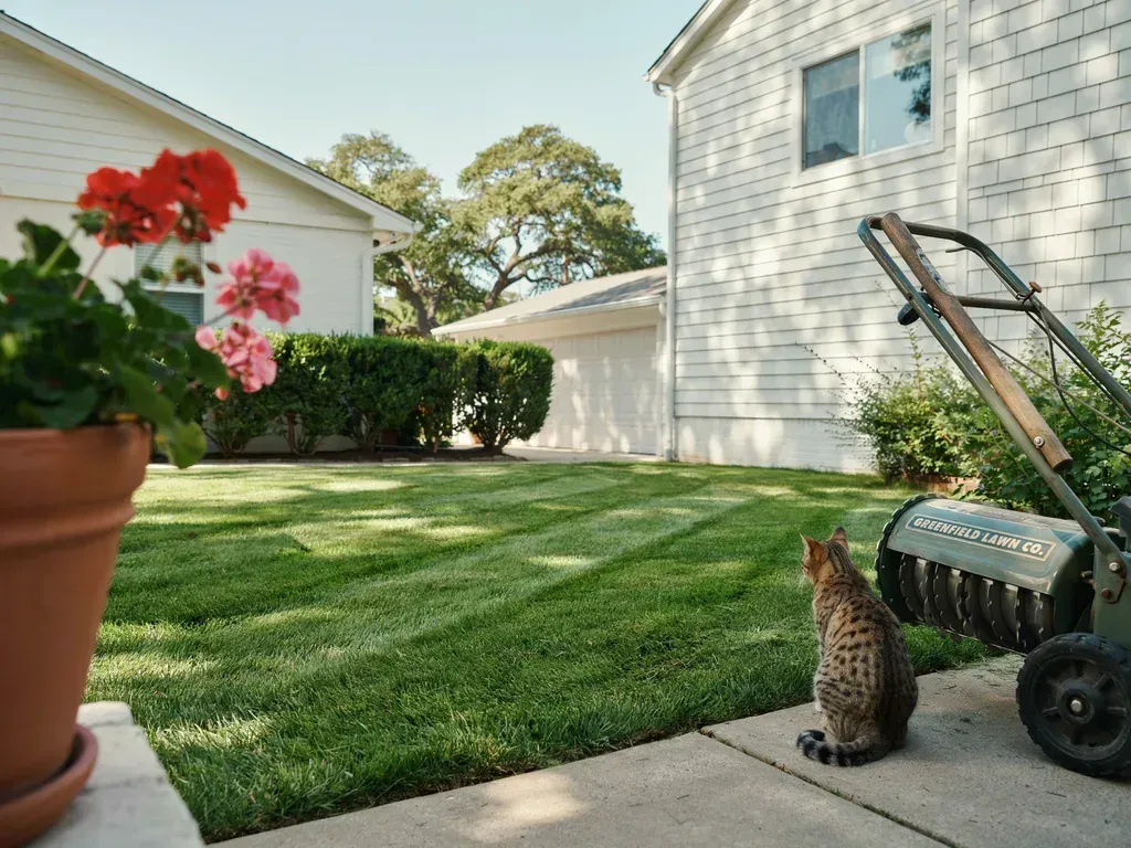 Tabby cat sitting by a green lawn in a suburban backyard beside a lawn mower and potted flowers