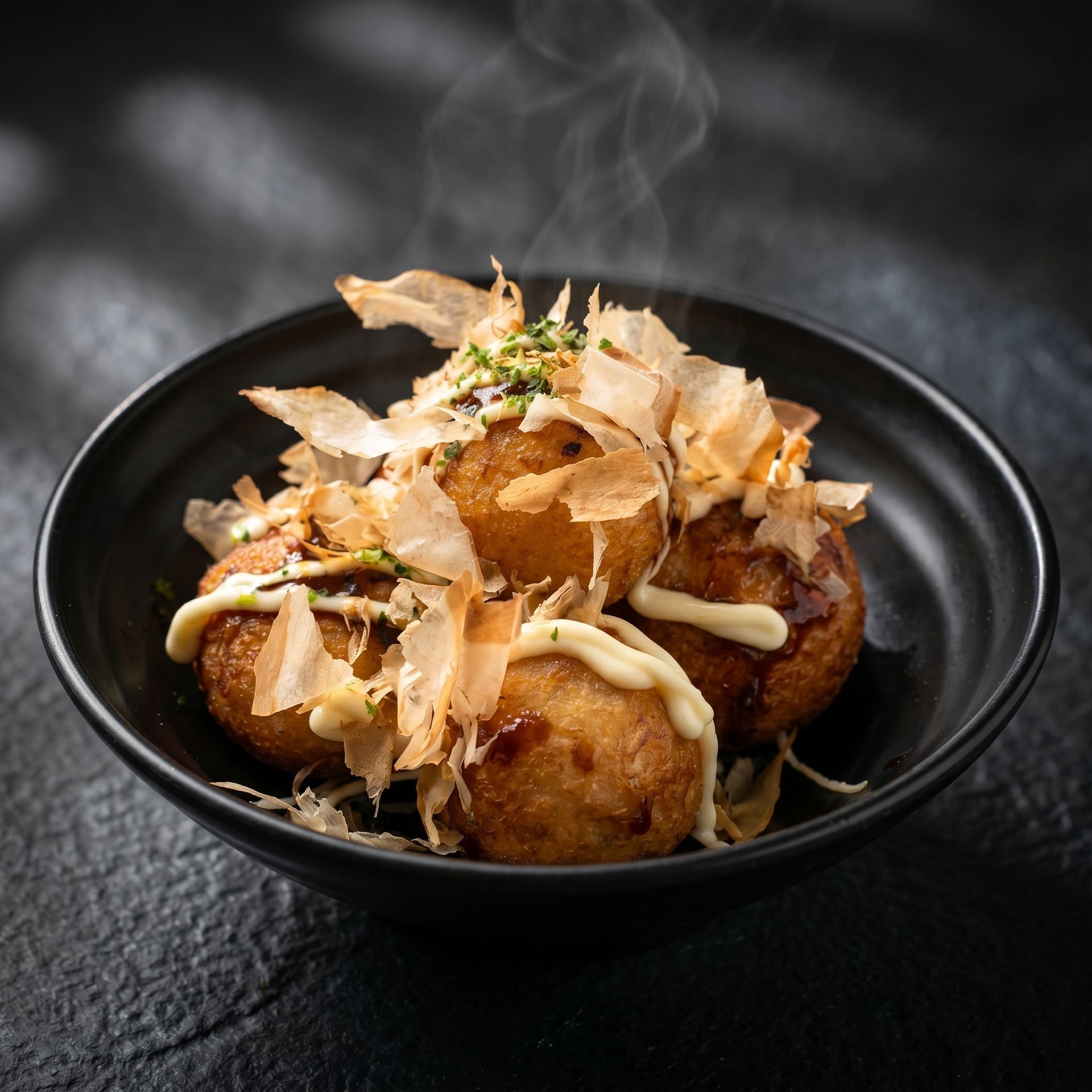 Black bowl of crispy fried bites topped with creamy sauce and bonito flakes on a dark surface
