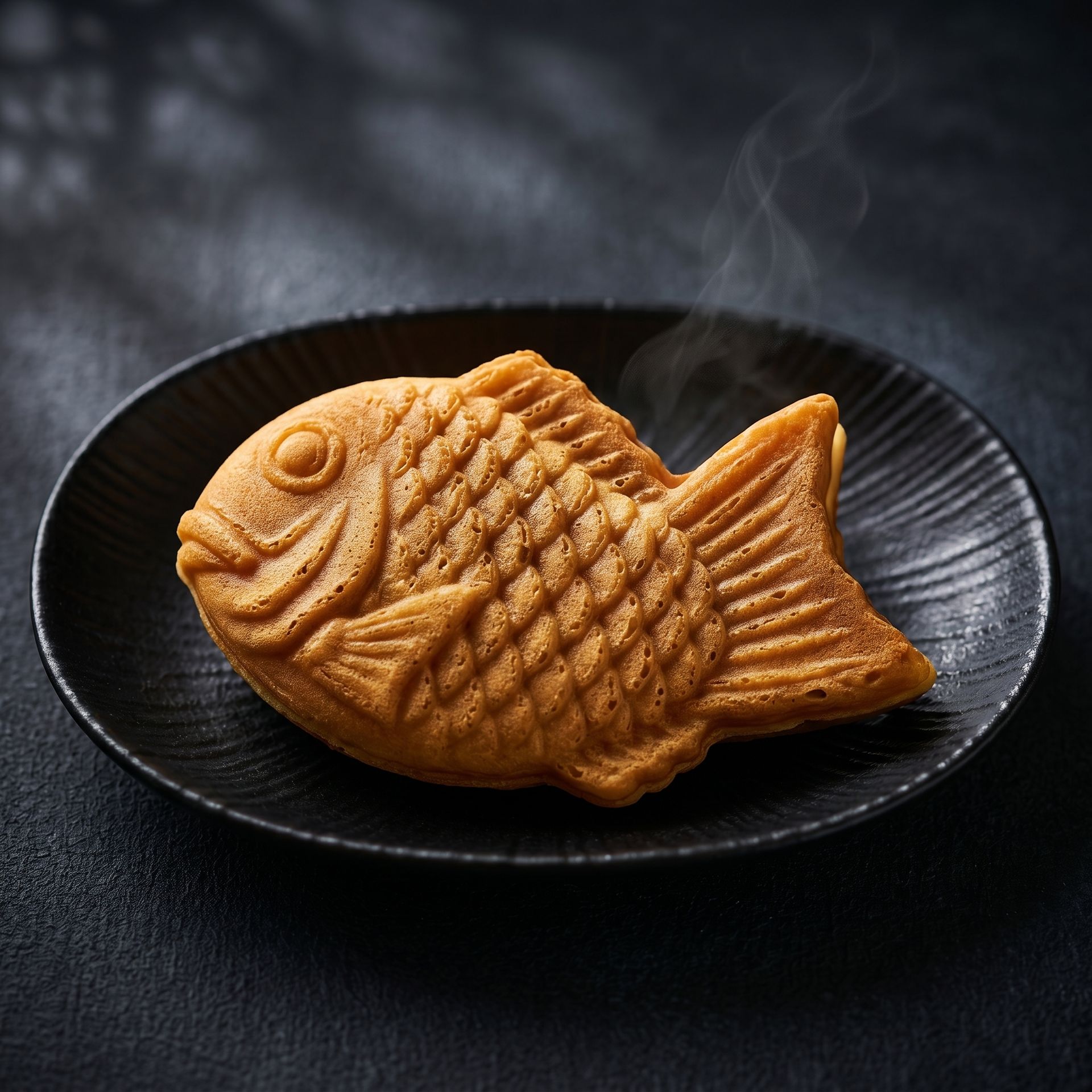 Golden fish-shaped pastry on a black plate against a dark background